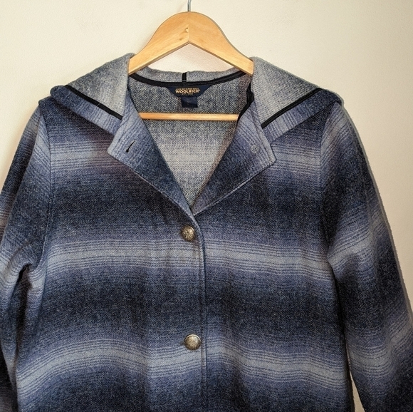 WOOLRICH VINTAGE Blue White Plaid Oversized Wool Long Lined Shaket Blanket Coat - Picture 5 of 12
